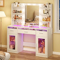 HUAHUU Vanity Desk, Makeup Vanity Desk with Mirror and Lights 3 Colors, Transparent Top with 3 RGB Drawers, 6 Shelves, 2 Large Tempered Cabinets, Power Outlet, for Bedroom, White