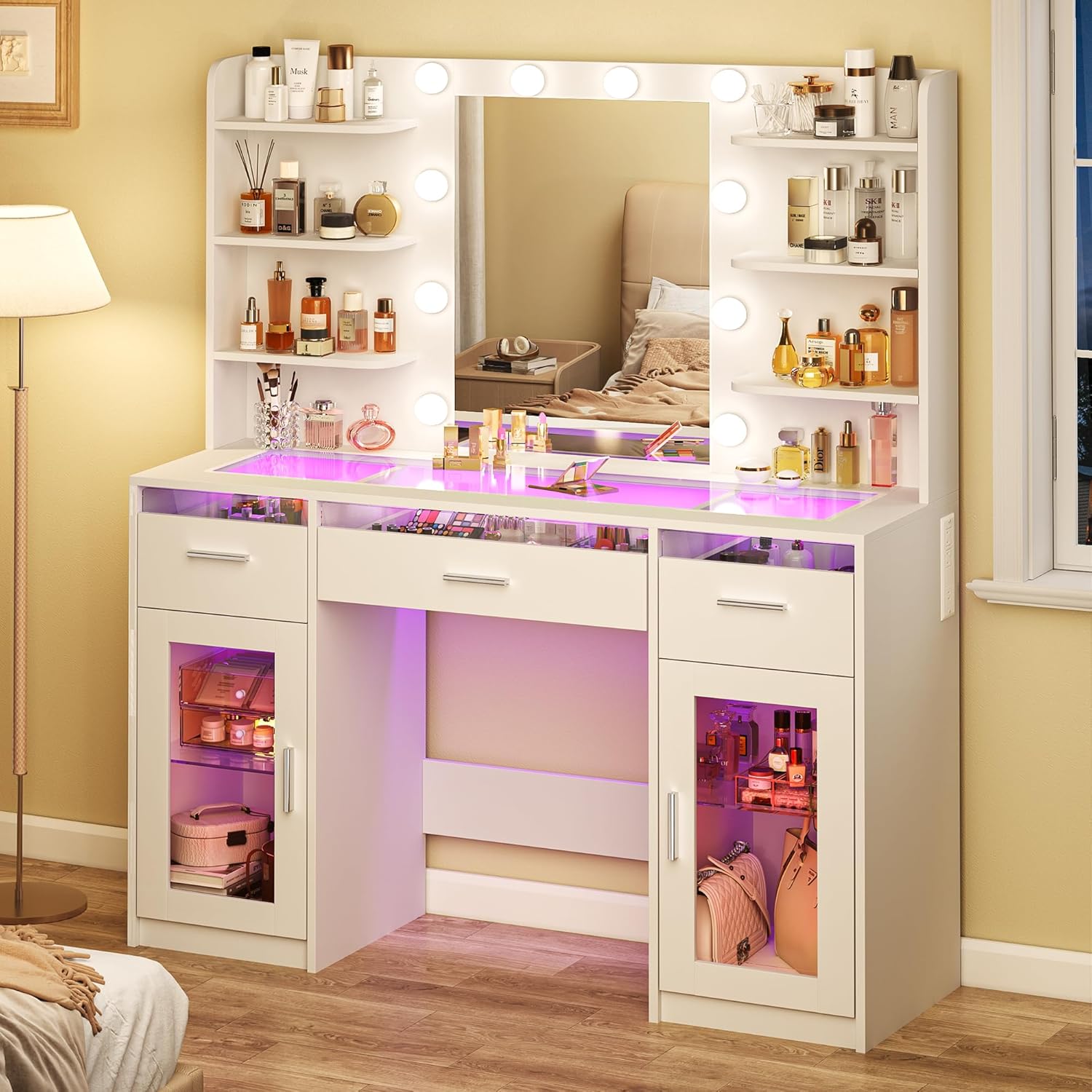 HUAHUU Vanity Desk, Makeup Vanity Desk with Mirror and Lights 3 Colors, Transparent Top with 3 RGB Drawers, 6 Shelves, 2 Large Tempered Cabinets, Power Outlet, for Bedroom, White