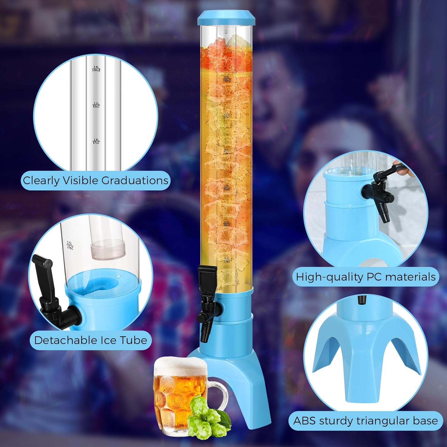Domensi 6 Pcs Mimosa Tower Dispenser Mimosa Tower with Ice Tube and Bottomless Beer Margarita Beverage Drink Tabletop Liquor Dispenser for Bar Party(3L,Blue)