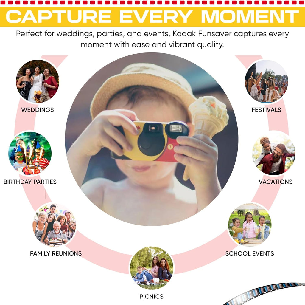 Kodak Funsaver Disposable Camera Bulk one time Single use 7-Pack 27exp 35mm Camera Bundled with Balveli Premium Microfiber Cloths - Bulk Kodak Disposable Film Camera 35mm