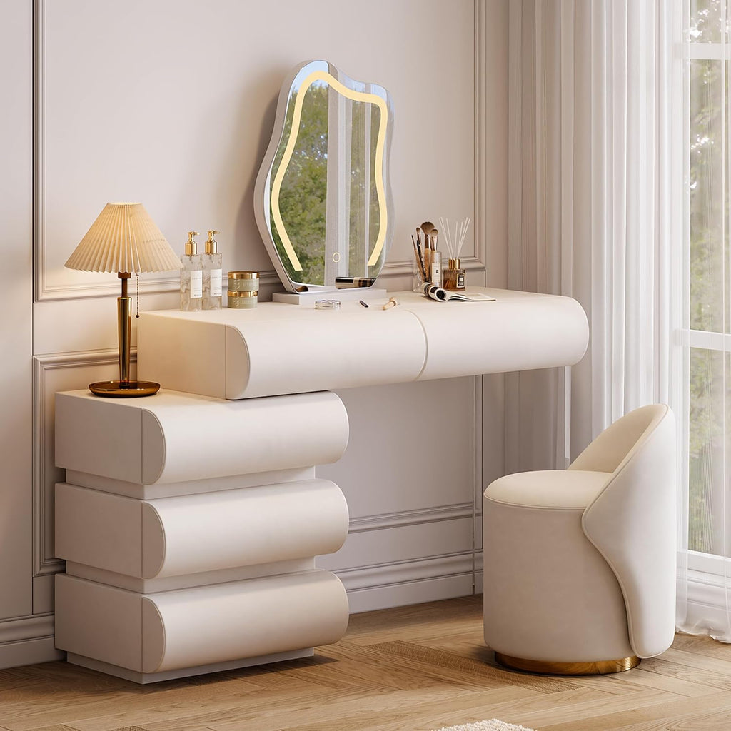 homary White Makeup Vanity Set with LED Mirror and Dressing Stool, Modern PU Leather Dressing Table with Drawers for Bedroom, Ideal for Women Girls (White)