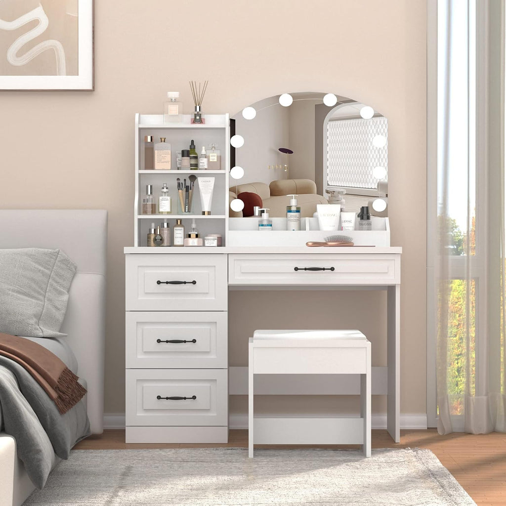 Vabches Makeup Vanity Desk with Mirror and Lights & Power Outl,White Dressing Table 3 Lighting Colors, 4 Drawers, Makeup Vanity Set for Bedroom