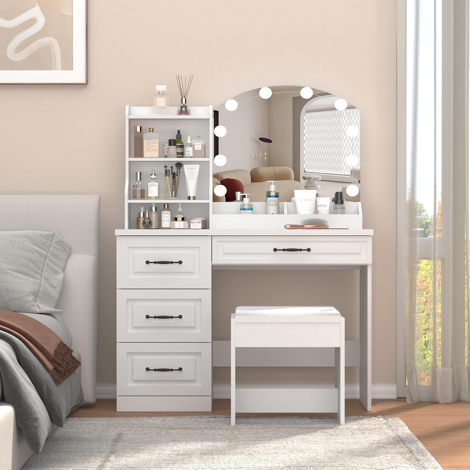 Vabches Makeup Vanity Desk with Mirror and Lights & Power Outl,White Dressing Table 3 Lighting Colors, 4 Drawers, Makeup Vanity Set for Bedroom