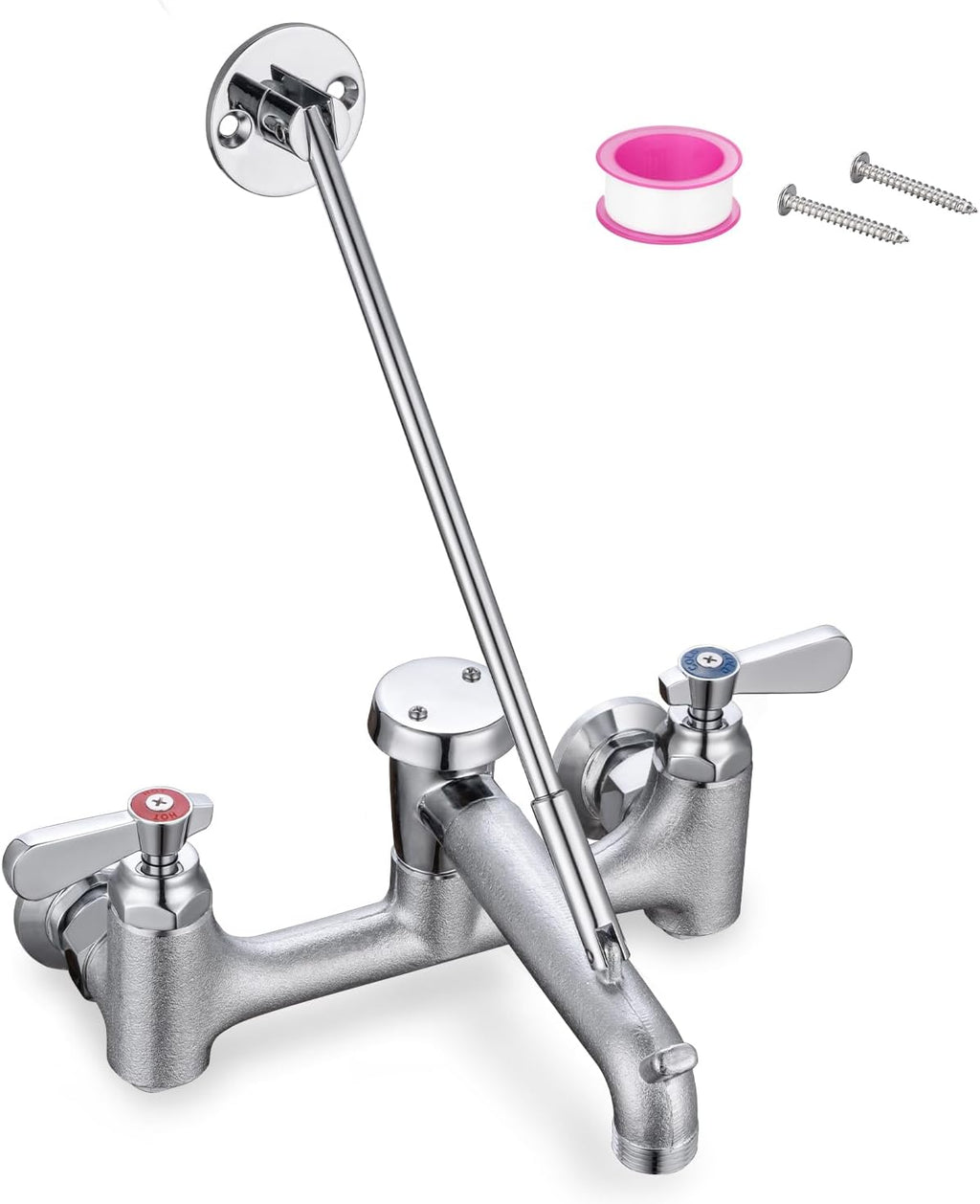 Commercial Mop Sink Faucet 8" Center Wall Mount, Heavy-Duty Service Sink Faucet with Vacuum Breaker 3/4" Hose Thread, for Industrial Outdoor Janitor Floor Mop Sink, Brass Casted Chrome Finish