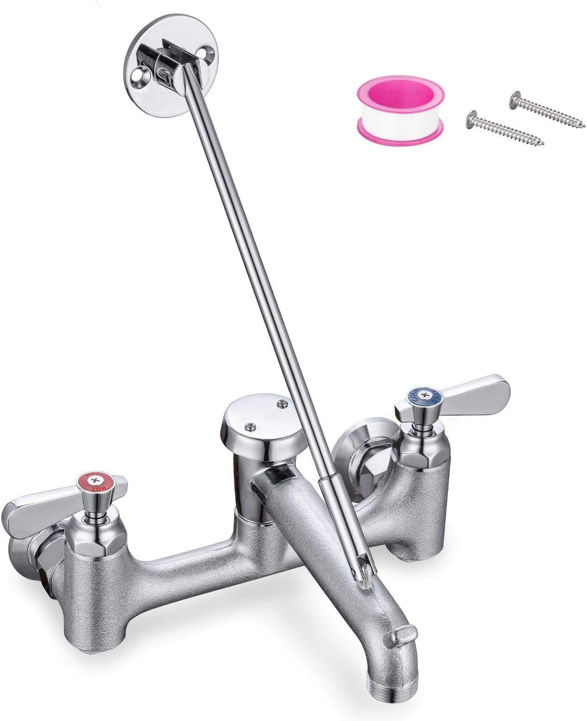 Commercial Mop Sink Faucet 8" Center Wall Mount, Heavy-Duty Service Sink Faucet with Vacuum Breaker 3/4" Hose Thread, for Industrial Outdoor Janitor Floor Mop Sink, Brass Casted Chrome Finish