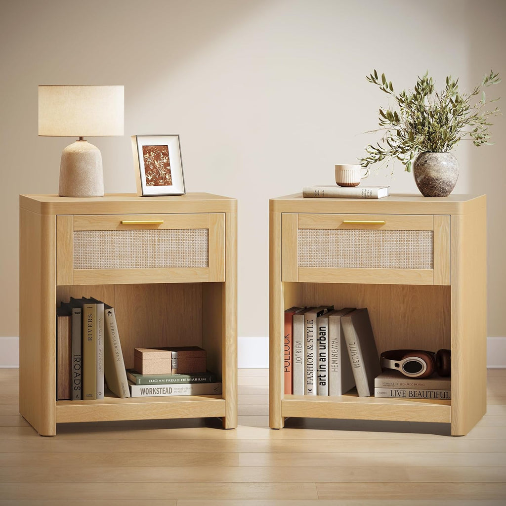 VASAGLE ELLAN Collection - Boho Nightstands with Rattan-Look Drawer, Set of 2 Accent Side End Tables with Open Compartment, Rounded Corners, for Bedroom Bedside, Oak Beige ULET818YC01