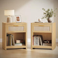 VASAGLE ELLAN Collection - Boho Nightstands with Rattan-Look Drawer, Set of 2 Accent Side End Tables with Open Compartment, Rounded Corners, for Bedroom Bedside, Oak Beige ULET818YC01