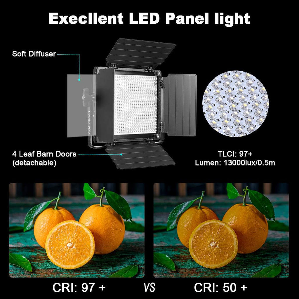 GVM 3 Pack LED Video Lighting Kits, Bi-Color Variable 2300K~6800K with Digital Display, 10~100% Brightness, CRI97+ TLCI97 Led Video Light Panel, Barndoor, App Control