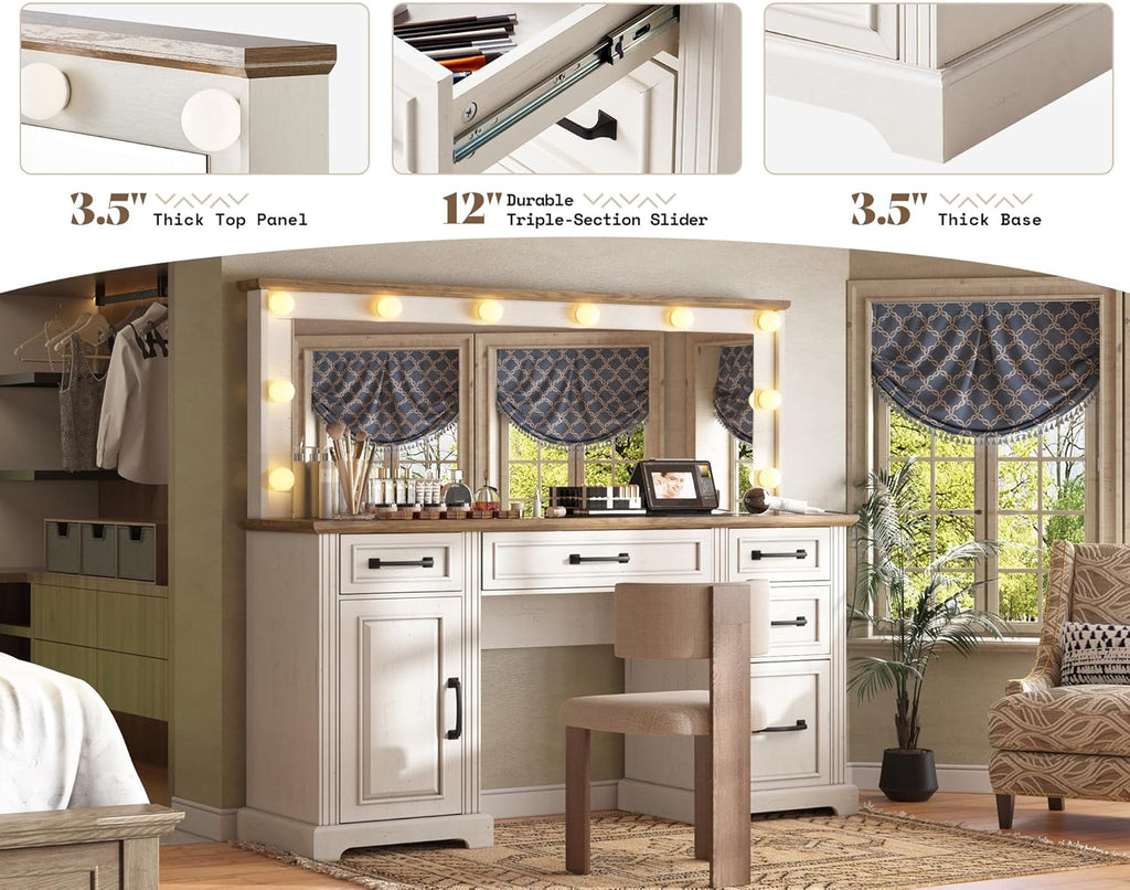 AMERLIFE 55" W Makeup Vanity with Hollywood Mirror, Glass Top Vanity with 5 Drawers & Charging Station, 10 Detachable Light Bulbs, Adjustable Brightness, Antique White
