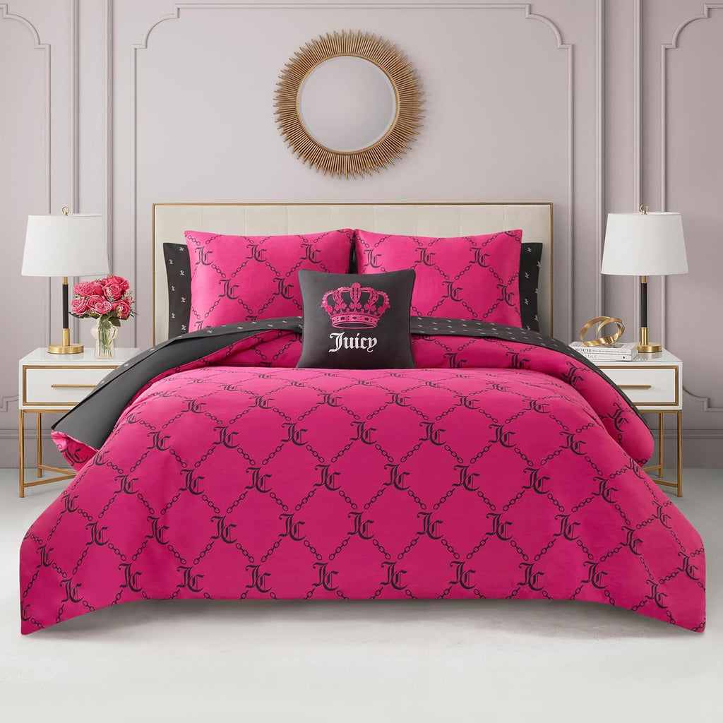 Juicy Couture Hot Pink/Black Link Logo Printed Comforter Set, Queen – Complete 8-Piece Bed in a Bag Collection