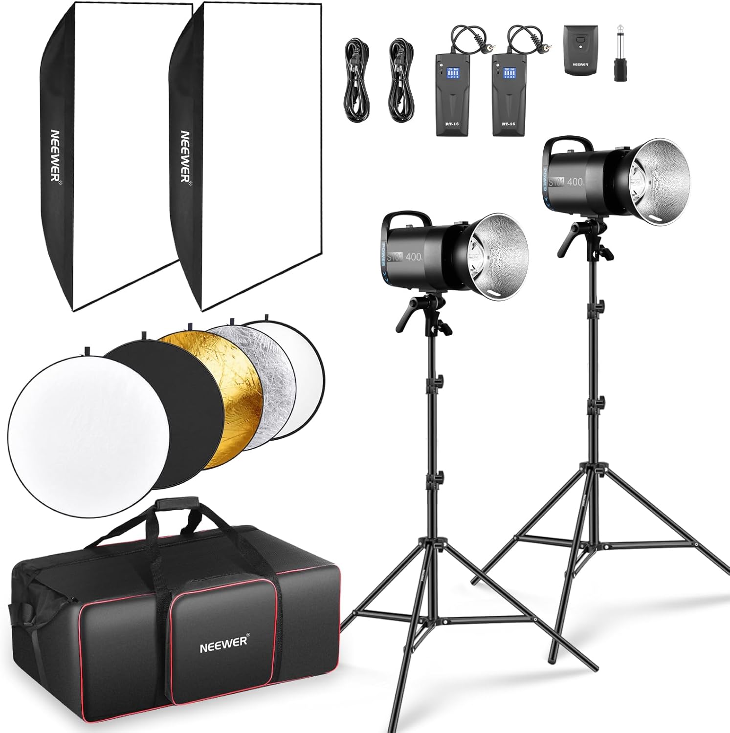NEEWER 800Ws Studio Monolight Flash Light Kit (2 Pack), S101-400W 5600K Strobe Light with 150W Modeling Lamp/Bowens Mount/Softbox/Stand/Reflector/RT-16 Trigger/Bag for Portrait Product Photography
