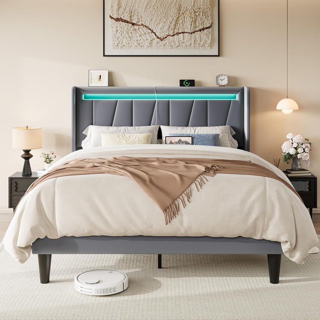 Allewie Queen Size LED Bed Frame with Charging Station, Velvet Upholstered Platform Bed with Geometric Wingback Headboard, Modern Frame with No Box Spring Needed, Easy Assembly, Grey