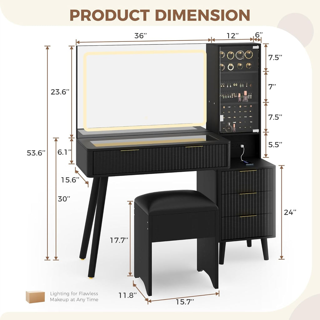 Garvee Vanity Desk with Lighted Mirror, Makeup Vanity with Charging Station, Glass Top Dressing Table with Cushioned Storage Stool for Bedroom, Black