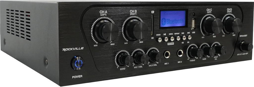 Rockville RPA40BT 1000W 4-Zone Home Stereo Bluetooth Amplifier Receiver, Multi-Room Audio, RCA/USB/SD/Optical Inputs, Mic Mixer w/Echo, FM Radio, for Home Entertainment and Small Venues