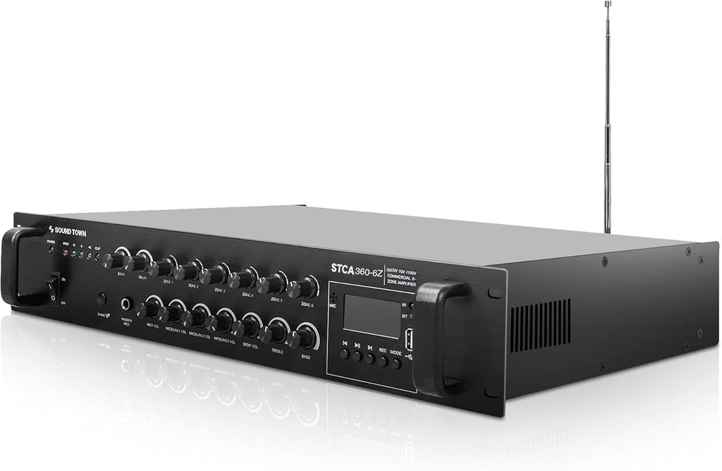 Sound Town 360W 6-Zone 70V/100V Commercial Power Amplifier with Bluetooth, Optical, Phantom Power, for Restaurants, Lounges, Bars, Pubs, Schools (STCA360-6Z)