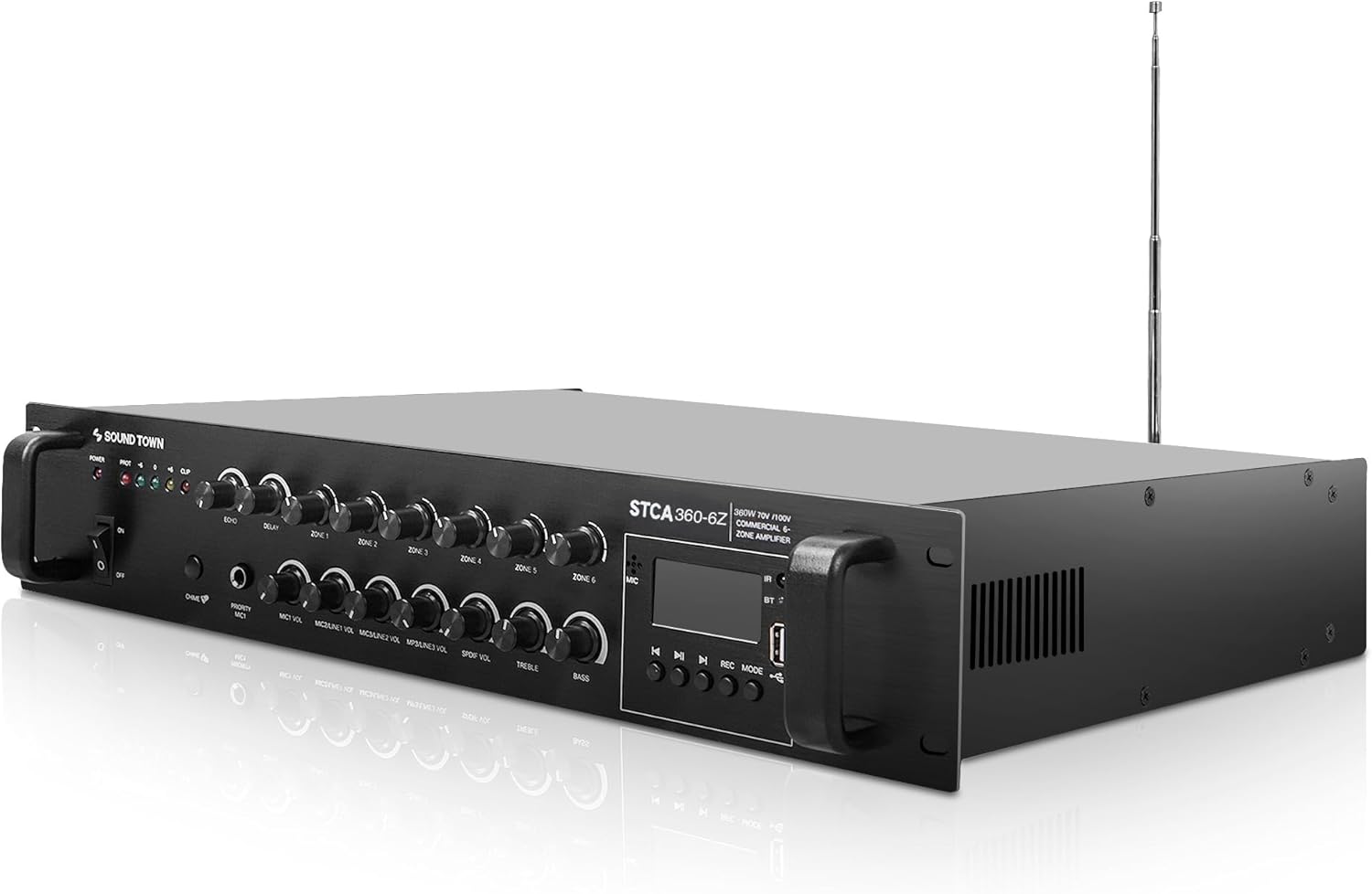 Sound Town 360W 6-Zone 70V/100V Commercial Power Amplifier with Bluetooth, Optical, Phantom Power, for Restaurants, Lounges, Bars, Pubs, Schools (STCA360-6Z)