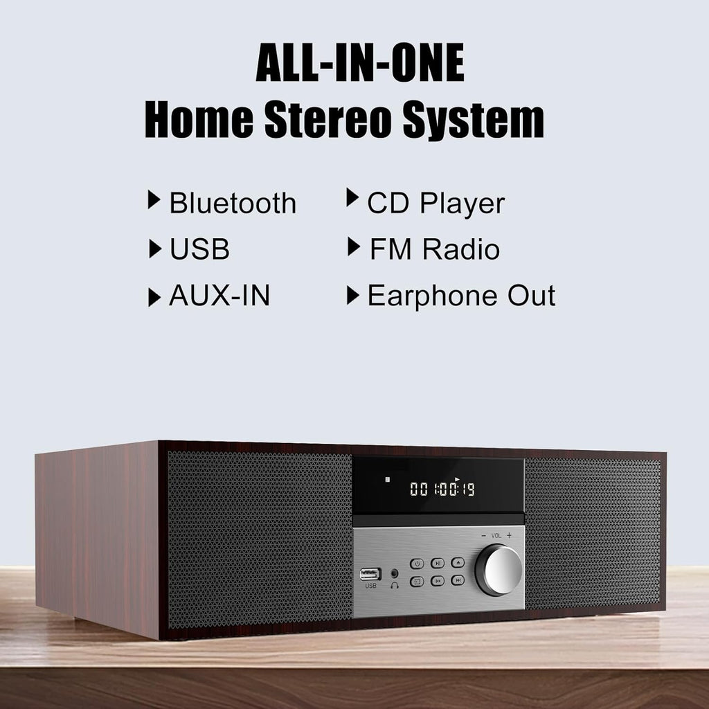 LONPOO Stereo Shelf System for Home, Vintage CD Player 40W RMS Micro Mini System with Remote Control, Bluetooth, FM Radio, USB MP3 Playback & Aux-in,Brown