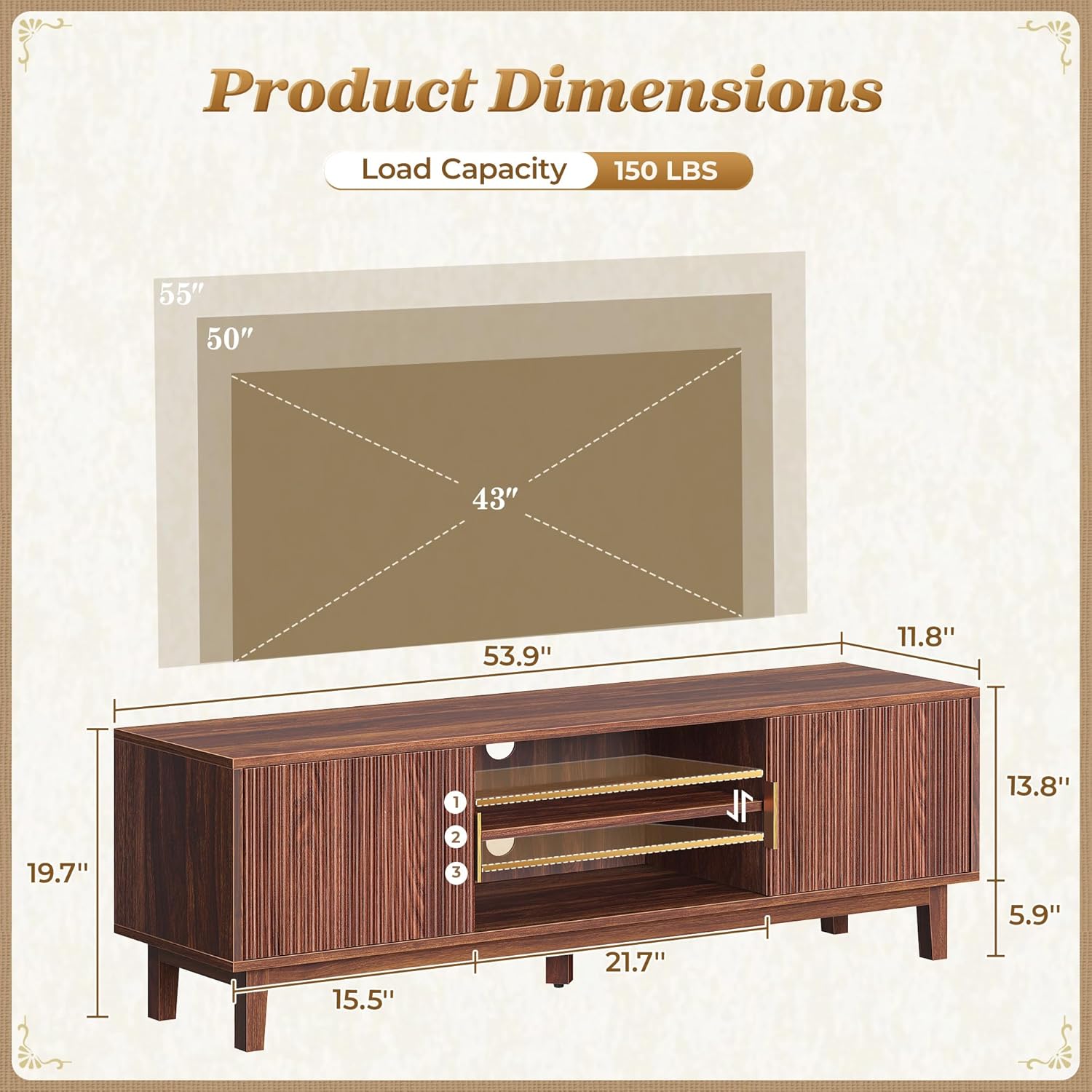 PRAISUN 54 Inch TV Stand for 50, 55 Inch TV, Fluted Entertainment Center with 2 Cabinets, TV Consoles for Living Room, 3-Level Adjustable Shelf, 4 Cable Holes, Meida Console, Walnut