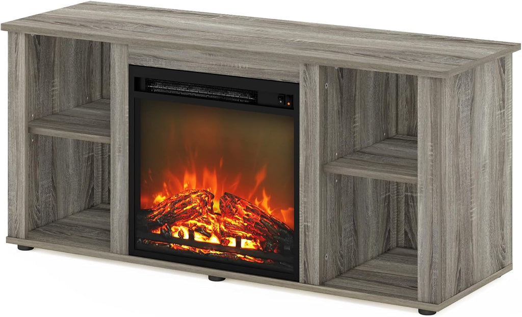 Furinno Jensen Fireplace Entertainment Center TV Stand with Open Storage for TV up to 55 Inch, French Oak Grey