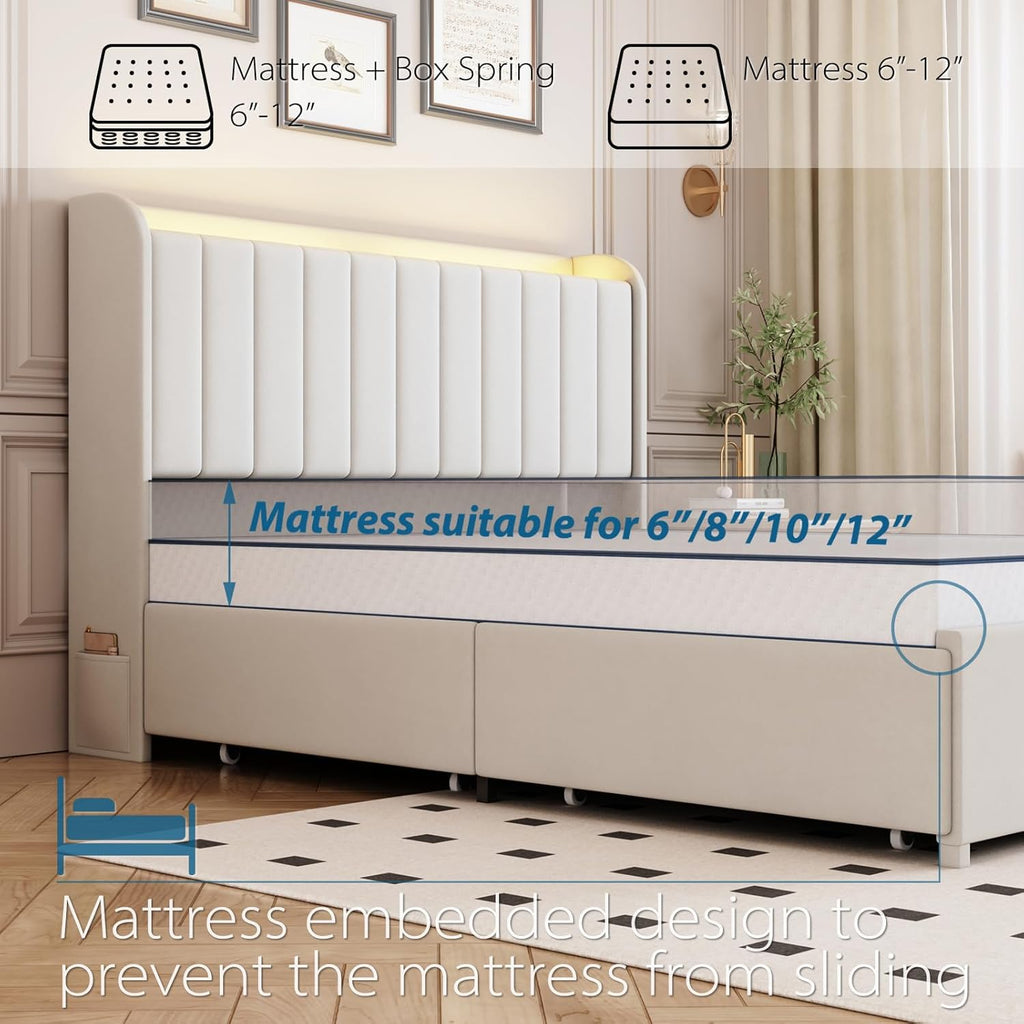Queen Bed Frame with 4 Drawers and Storage Headboard, Upholstered Platform Bed Frame Queen Size with Led Lights and Handy Charging Station, No Box Spring Needed, Easy Assembly, Noise Free, Beige