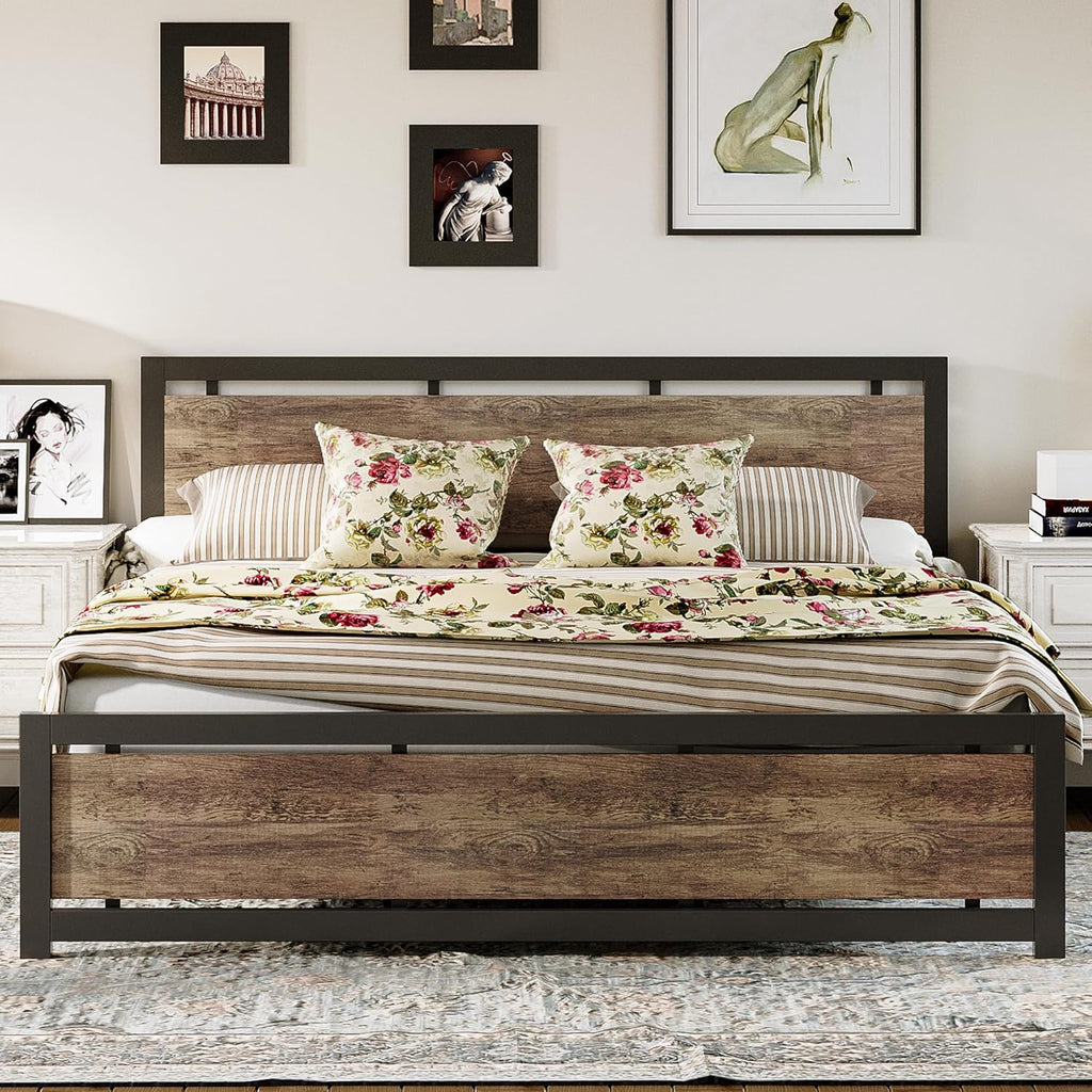 LIKIMIO King Bed Frame with Headboard and Footboard, Metal Strong Supports, Easy Assembly, Noise-Free, No Box Spring Needed, Walnut