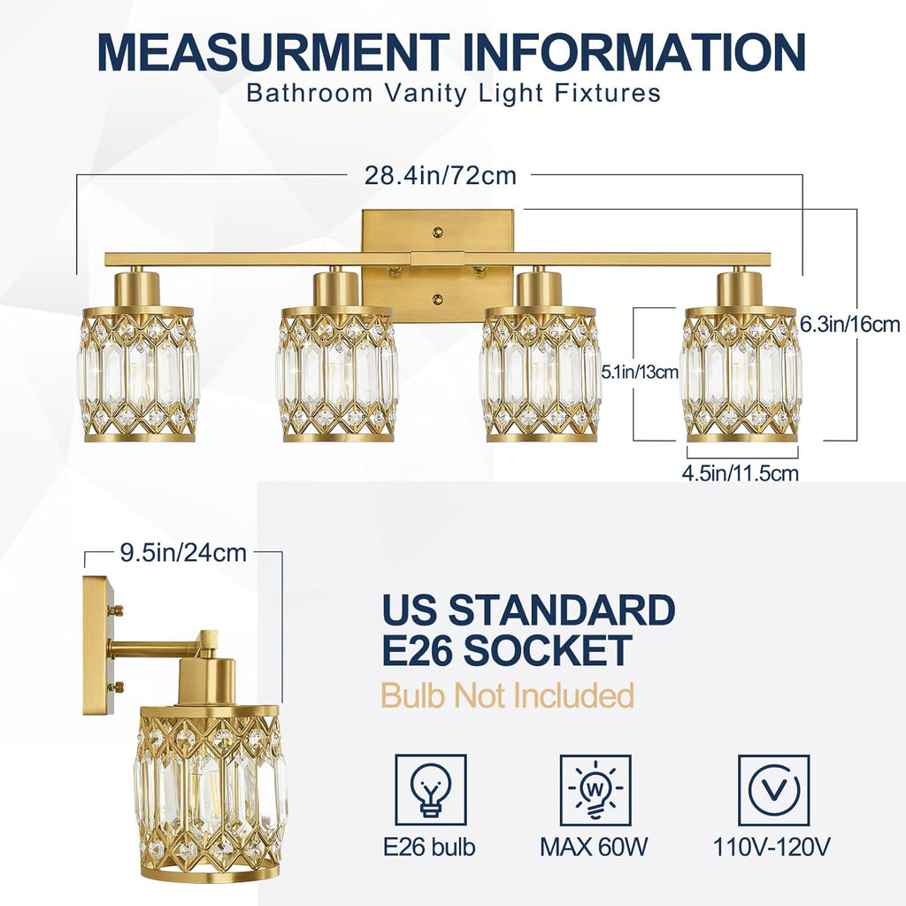 Crystal Modern Bathroom Light Fixtures, 4-Light Brushed Gold Bathroom Vanity Wall Light, Vanity Lights for Mirror, Restroom, Bedroom (E26 Socket, Bulbs Not Included)