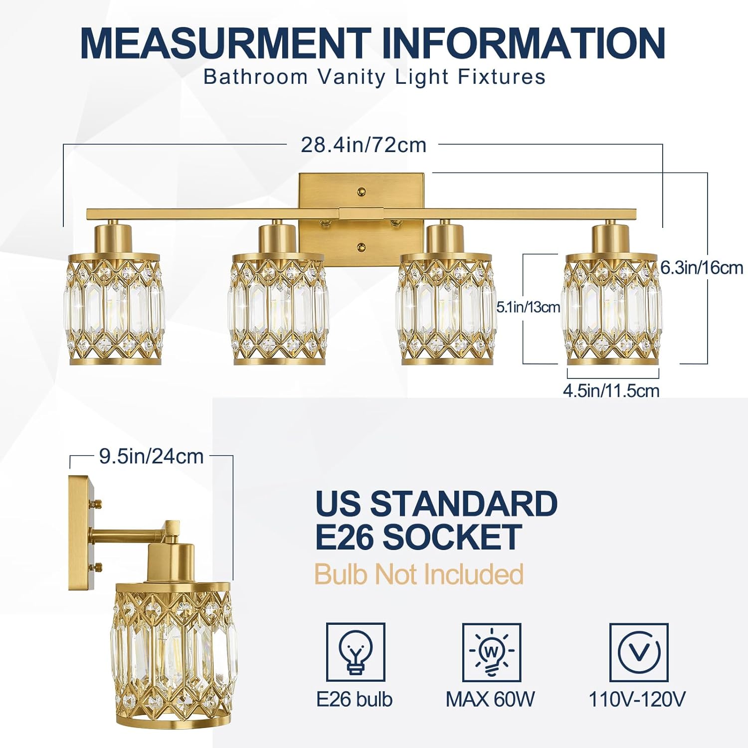 Crystal Modern Bathroom Light Fixtures, 4-Light Brushed Gold Bathroom Vanity Wall Light, Vanity Lights for Mirror, Restroom, Bedroom (E26 Socket, Bulbs Not Included)