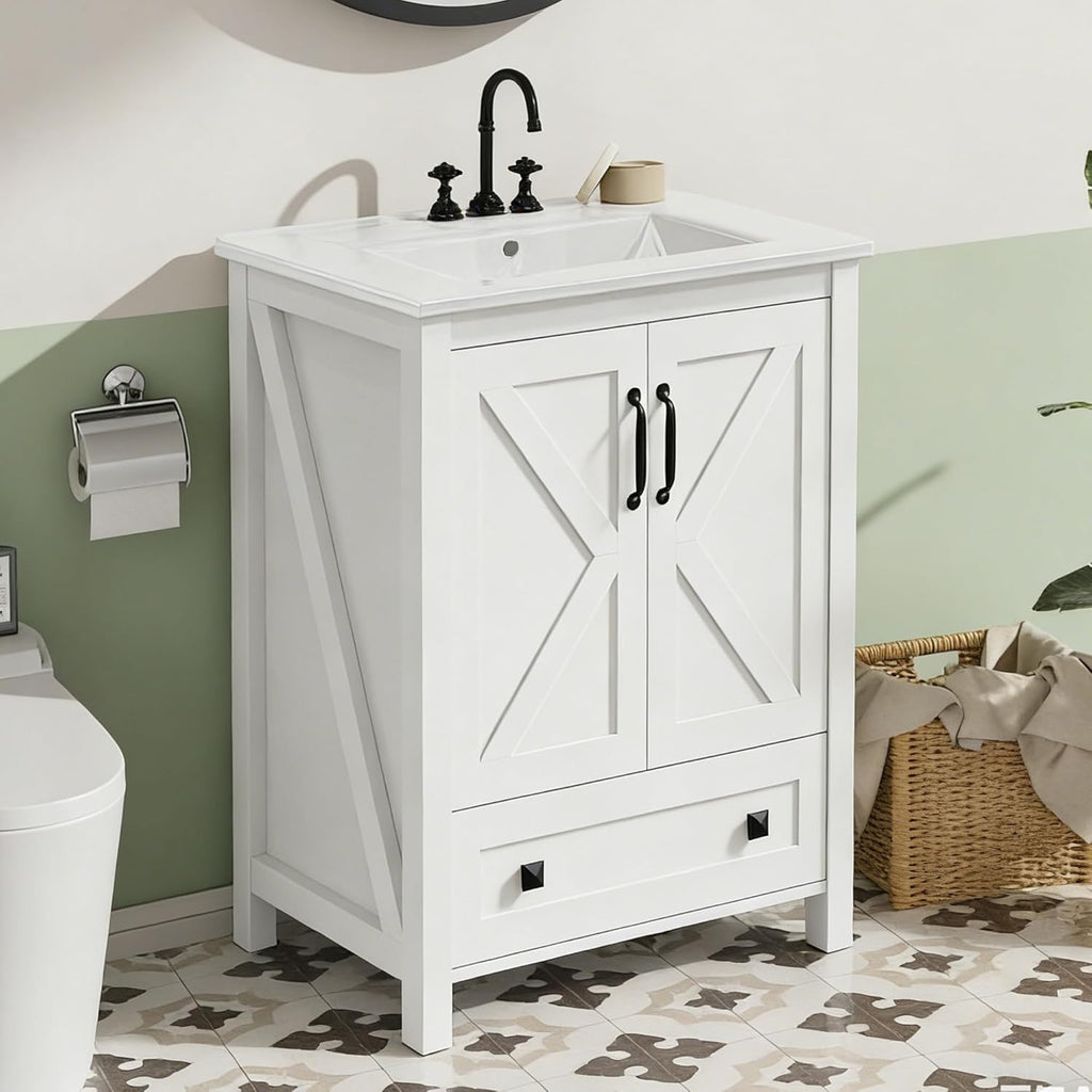 Garvee 24" Bathroom Vanity with Ceramic Sink, Freestanding Vanity with Soft-Close Doors & Storage Drawer, Modern Bathroom Sink Cabinet for Small Space, White