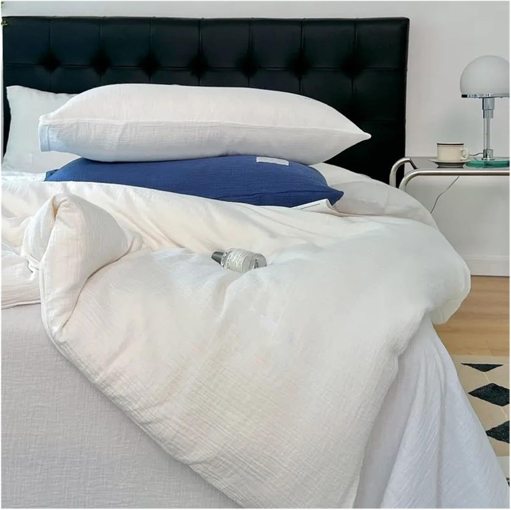 Bed, Natural 100% Cotton Linen Feel Soft Comfortable 4Pcs Bedding Set Solid Twin Queen Duvet Cover Flat/Fitted Sheet Pillowcases