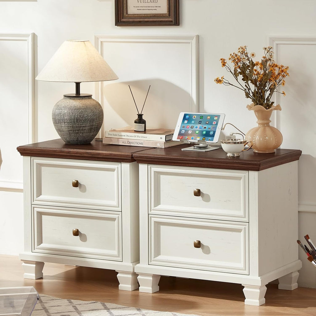 SAVOR LIFE Farmhouse Bedroom Dresser and Nightstand Set of 4, 6 Drawer Tall & Low Dresser & 2 Drawer Nightstand Set, Rustic Wood Furniture Set for Bedroom, Hallway, White