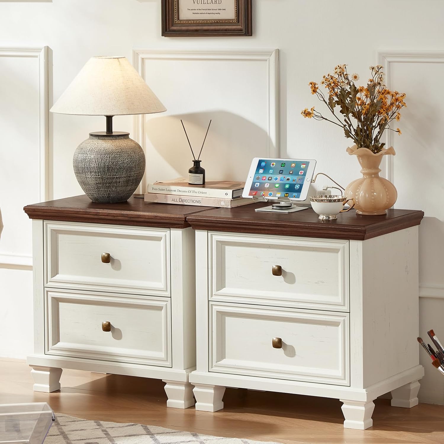 SAVOR LIFE Farmhouse Bedroom Dresser and Nightstand Set of 4, 6 Drawer Tall & Low Dresser & 2 Drawer Nightstand Set, Rustic Wood Furniture Set for Bedroom, Hallway, White