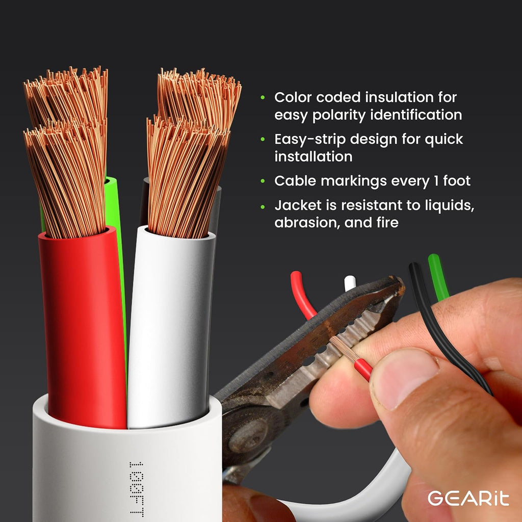 GEARit 16 Gauge OFC Speaker Wire 250 FT, UL CL2 Rated Speaker Cable, 16 AWG Wire with Polarity Mark, 4-Conductor Copper Audio Cable for in-Wall Home Theater Surround Sound, Car Audio Stereo(White)