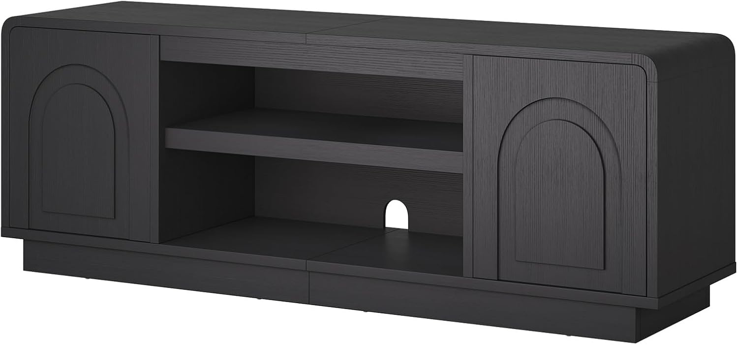 Bestier 63" Mid Century Modern TV Stand for Living Room, Wood Media Console Cabinet for TVs up to 70", Entertainment Center with 2 Arched Doors, Adjustable Shelves & 6 Cable Holes, Black