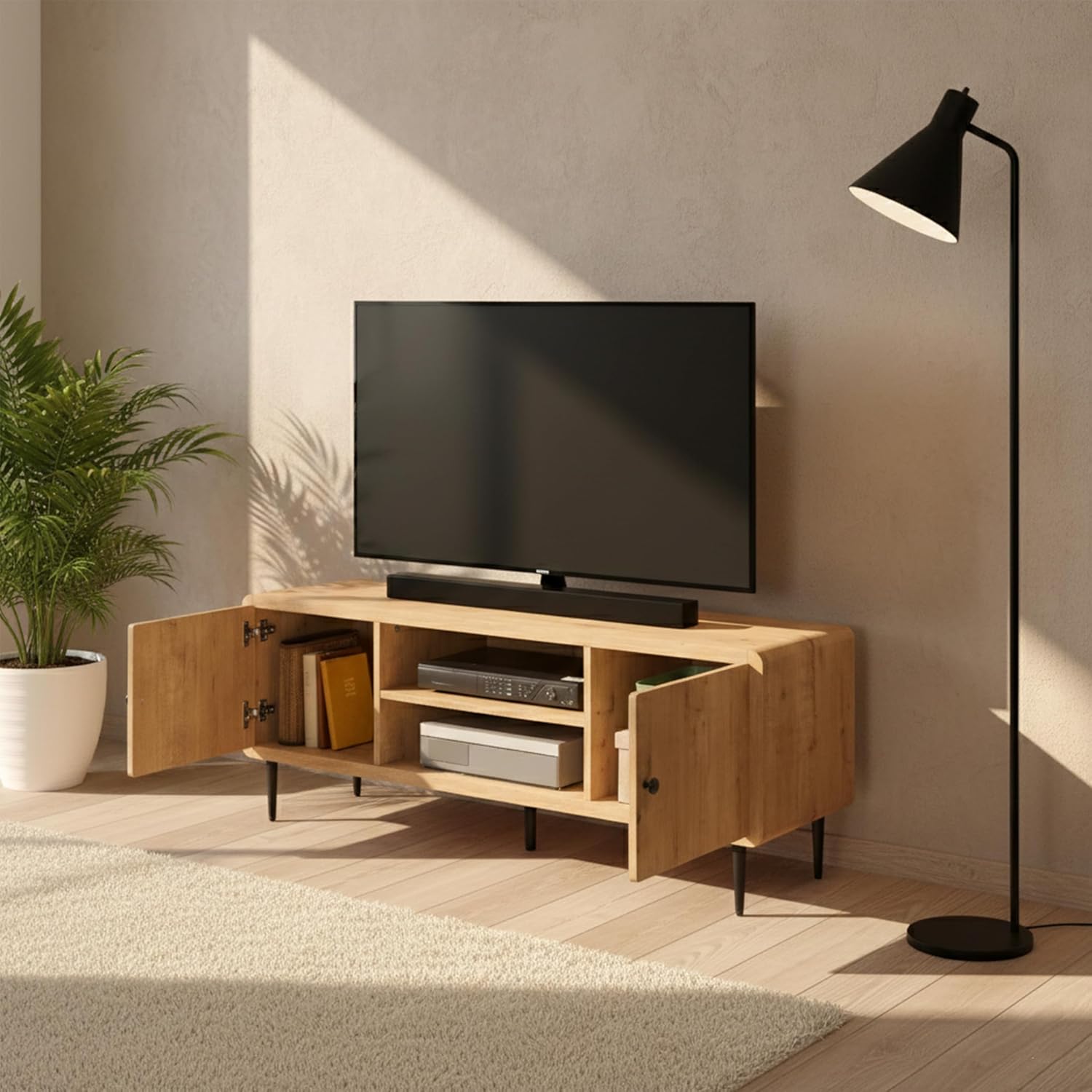 Techni Mobili Mid-Century Modern TV Stand with Storage Cabinets, Wooden Entertainment Center with Cable Management for Living Room, Fits TVs up to 60”