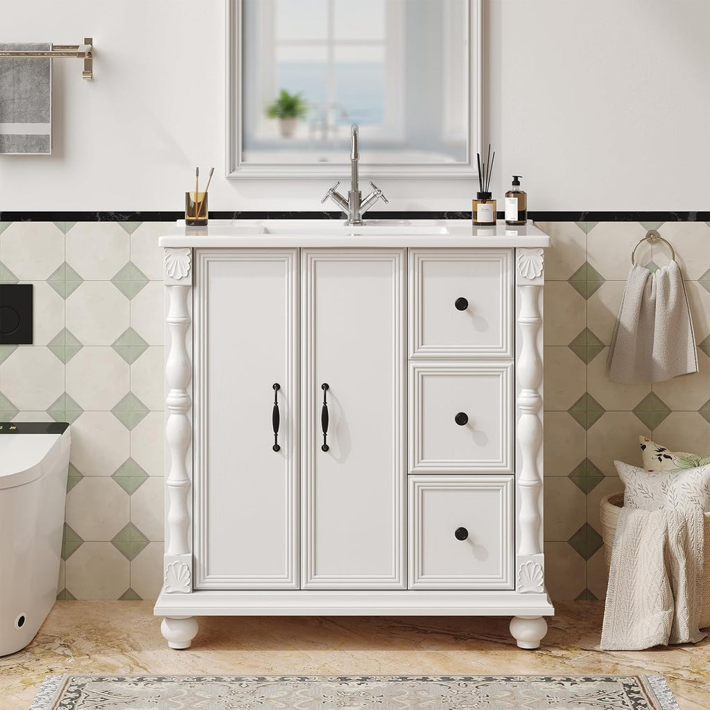 ONBRILL Bathroom Vanity with Sink Combo, Modern Bathroom Vanities with Adjustable Shelf, 4 Solid Legs, 2 Drawers, 2 Doors, Ceramic Integrated Sink, Freestanding Bath Storage Cabinet (32", White)