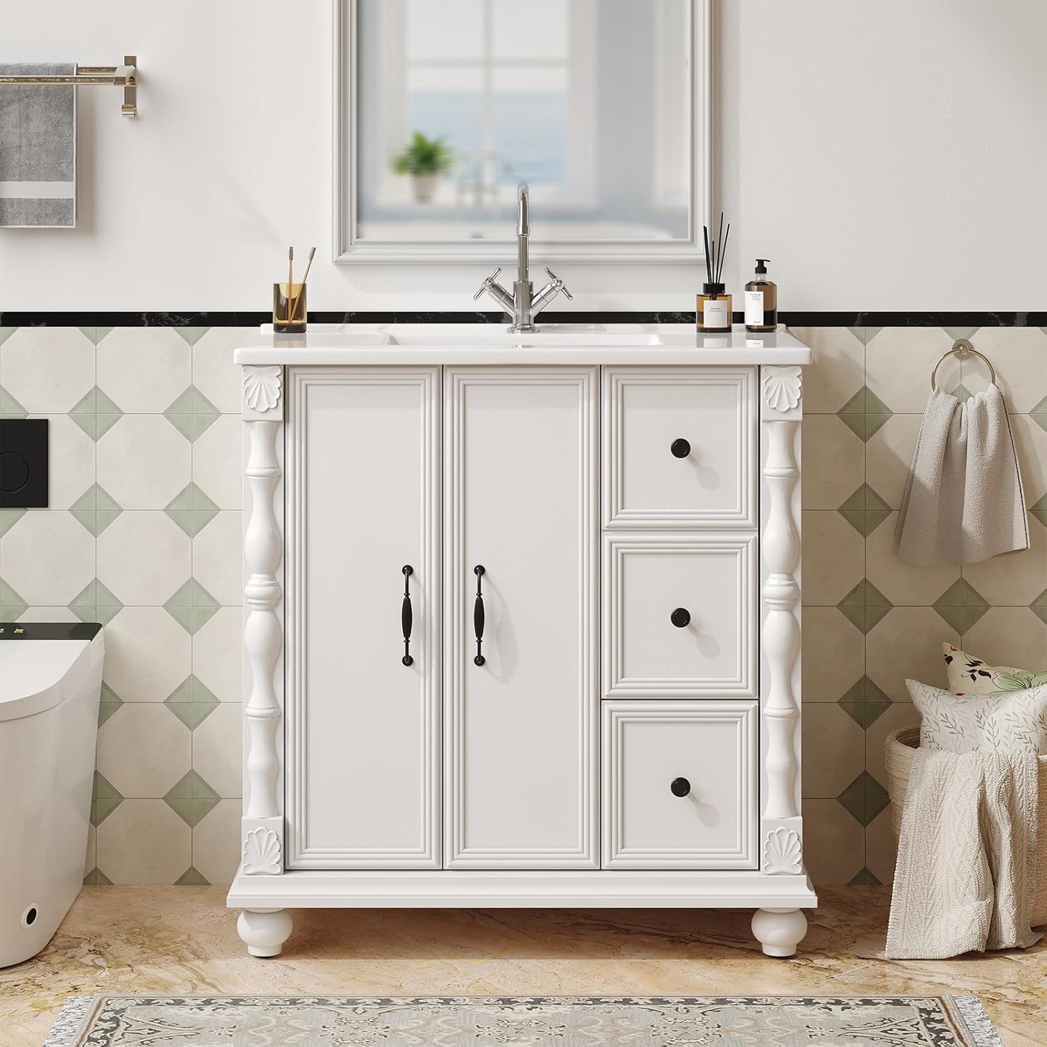 ONBRILL Bathroom Vanity with Sink Combo, Modern Bathroom Vanities with Adjustable Shelf, 4 Solid Legs, 2 Drawers, 2 Doors, Ceramic Integrated Sink, Freestanding Bath Storage Cabinet (32", White)