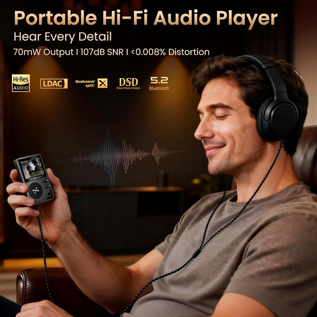 HIFI WALKER H2 Hi-Res Bluetooth MP3 Player with 64GB MicroSD Card, Portable Lossless Digital Audio Player with ESS DAC, DSD FLAC Support, USB DAC, Line Out, Physical Controls, Supports up to 512GB