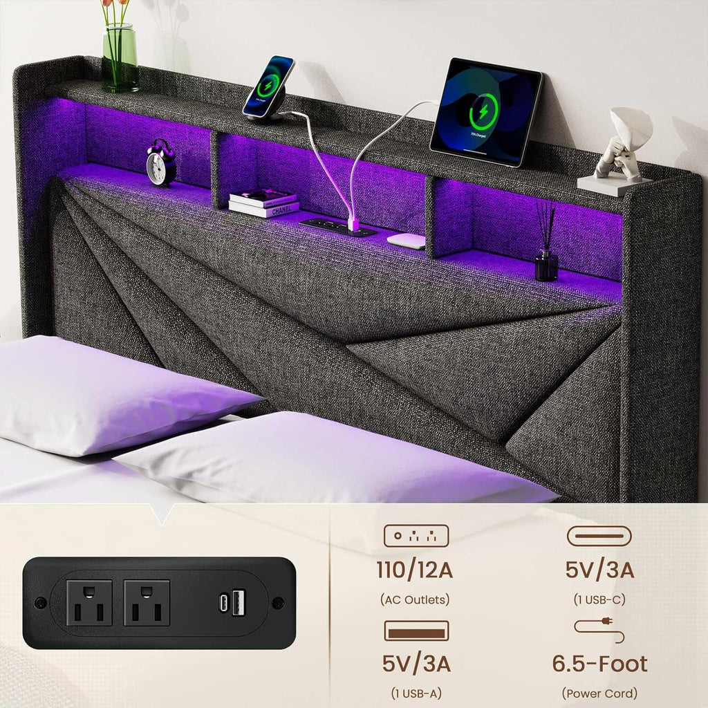 Driftalia LED King Size Bed Frame with 2 Storage Drawers, Upholstered King Bed Frame with Headboard and Charging Station, No Box Spring Needed, Easy to Assembly-Dark Grey