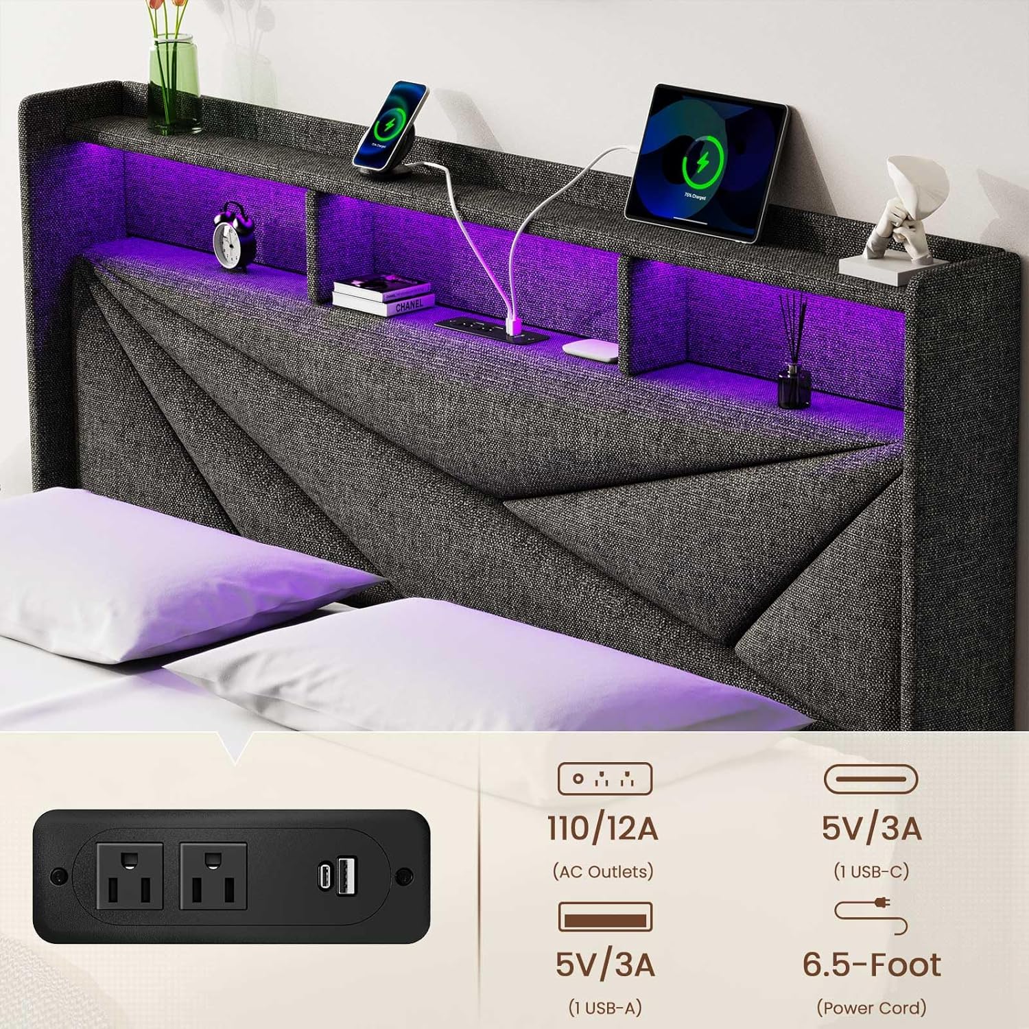 Driftalia LED King Size Bed Frame with 2 Storage Drawers, Upholstered King Bed Frame with Headboard and Charging Station, No Box Spring Needed, Easy to Assembly-Dark Grey