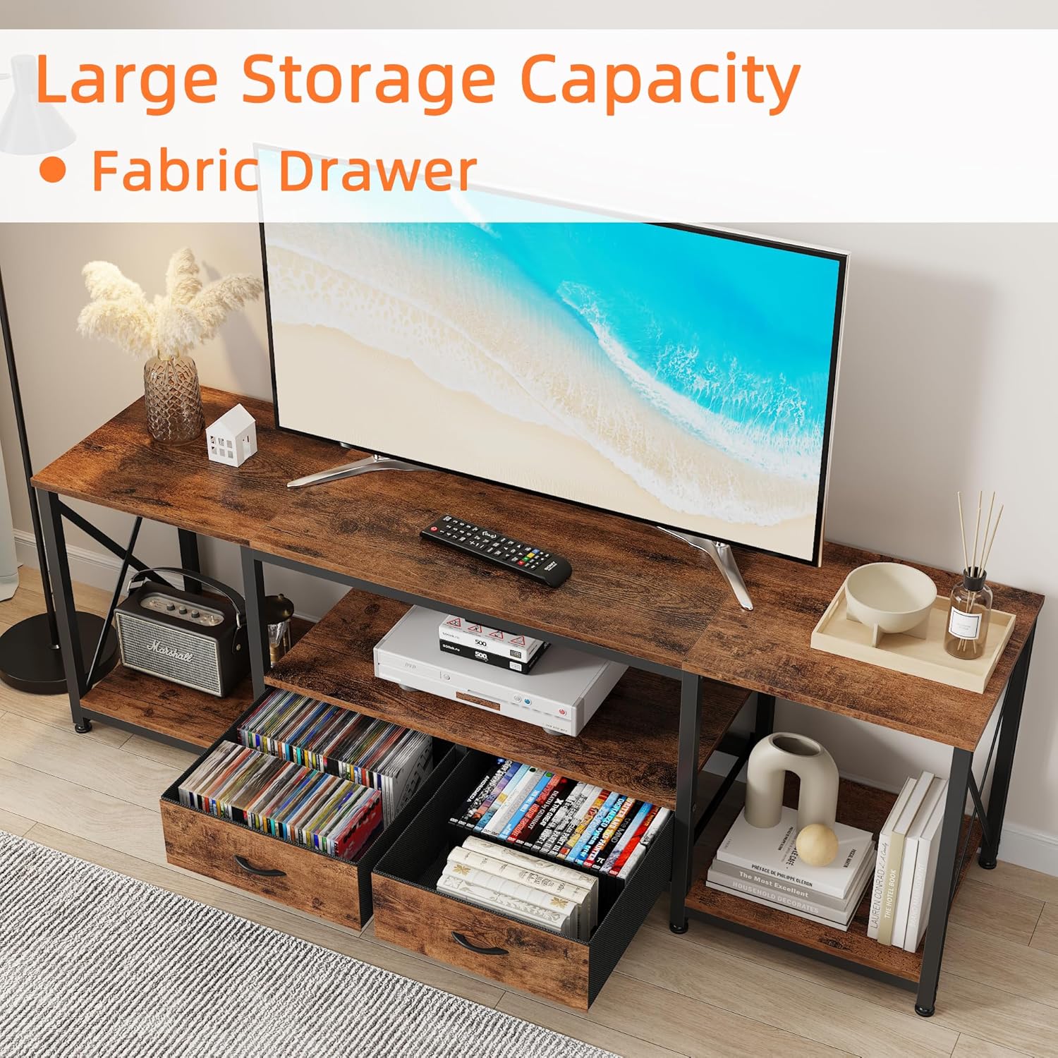 GYIIYUO TV Stand with Fabric Drawers for 65 70 75 Inches TV - Entertainment Center and Industrial TV Console Table with Open Storage Shelves for Living Room, Bedroom - 63" Rustic Brown