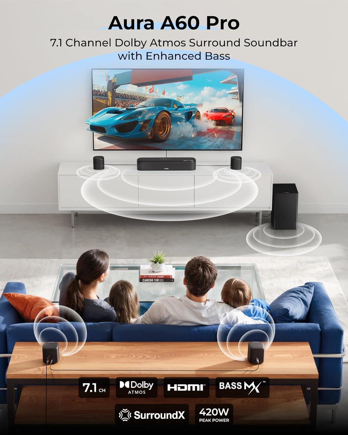 ULTIMEA 7.1ch Surround Sound System for TV, Dolby Atmos Sound Bar with 4 Surround Speakers, VoiceMX, BassMX, 420W Peak Power Sound Bar for Smart TV, HDMI eARC, App Control, Aura A60 Pro, 2026 Model