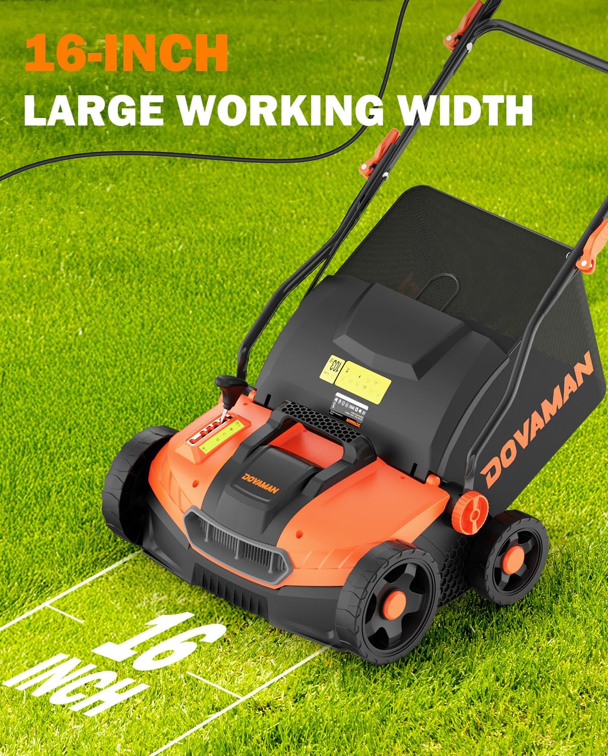 DOVAMAN DS16A 15Amp 16" 2-in-1 Electric Dethatcher and Scarifier, Lawn Dethatcher w/5-Position Depth Adjustment, Quick-Fold, 12 Gal Collection Bag, Yard Trimmer for Gardening Care and Lawn Maintenance