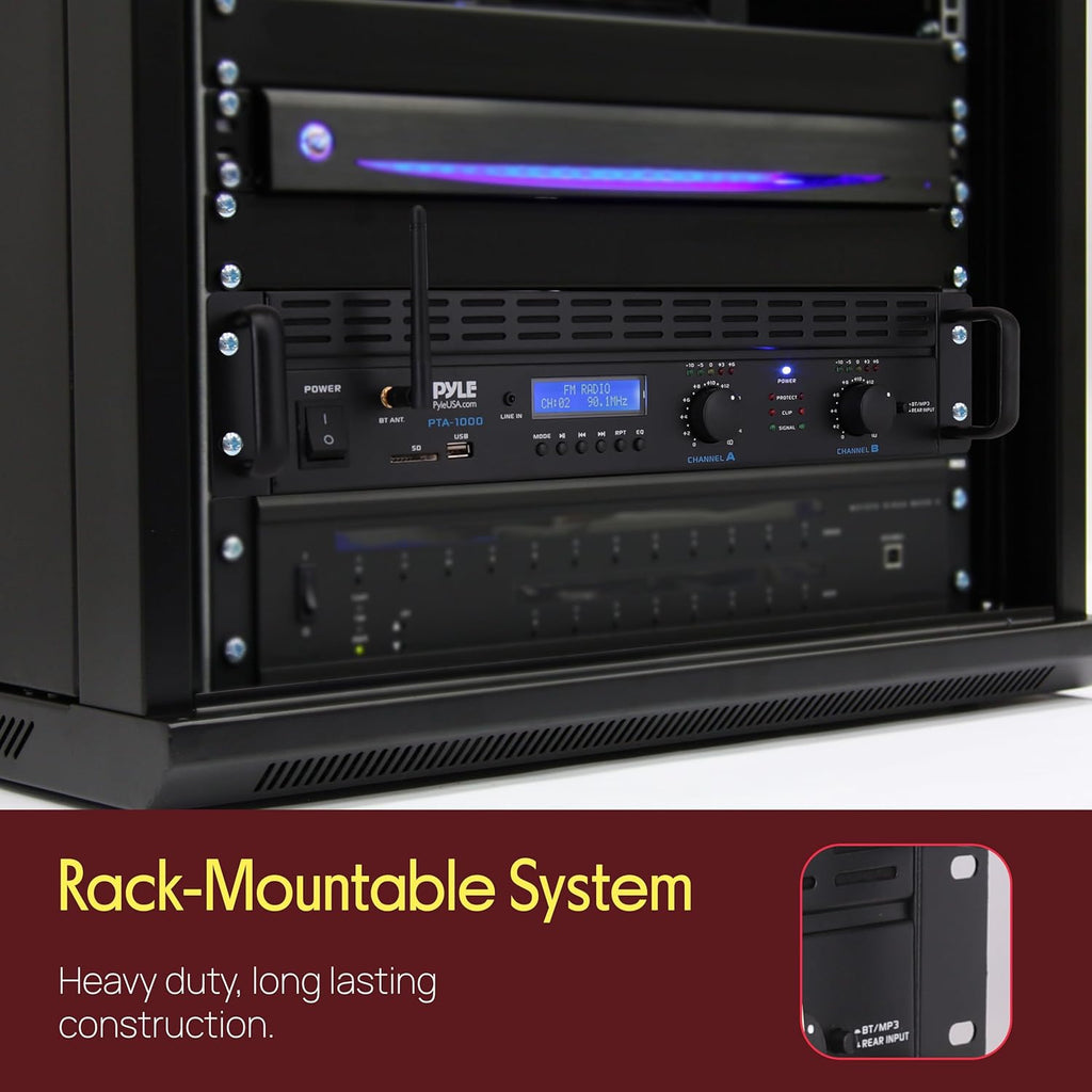 Pyle 2-Channel Rack Mount Power Amplifier with Bluetooth - 2000W Bridgeable with TRS XLR Input, Speakon Outputs, USB-A Input with MP3 Player, Bridge Mode, Cooling Fan, LED Level Meters - PTA1000BT