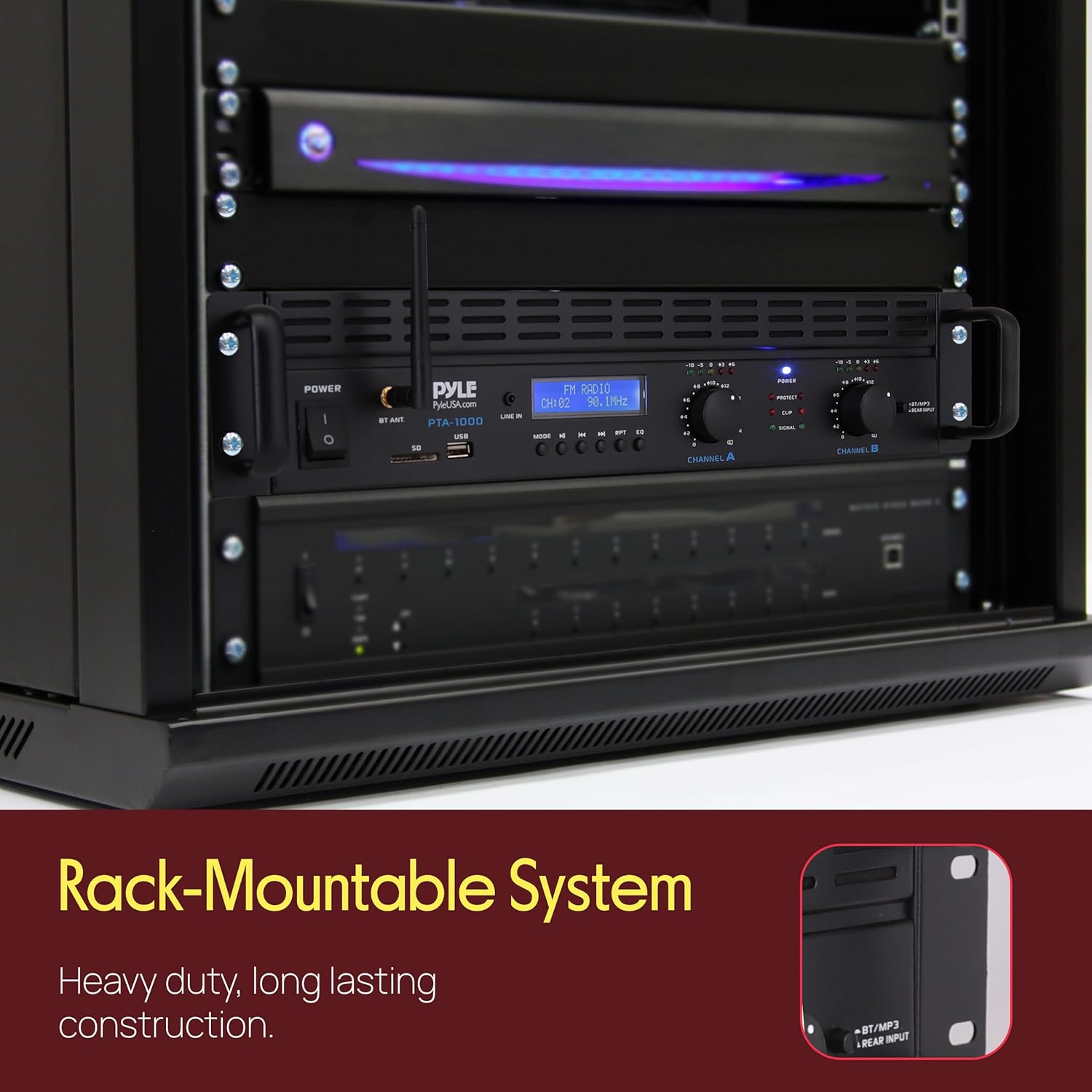Pyle 2-Channel Rack Mount Power Amplifier with Bluetooth - 2000W Bridgeable with TRS XLR Input, Speakon Outputs, USB-A Input with MP3 Player, Bridge Mode, Cooling Fan, LED Level Meters - PTA1000BT