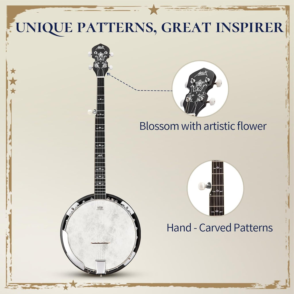 AKLOT Full-Sized Banjo with Remo Head: 38'' 5 String Banjo Set with Removable Resonator, Geared 5th Tuner, 24 Brackets, Deluxe Beginner Kit with Gig Bag, Strings, Strap, Picks, Tuner, Bridge Ruler（01）