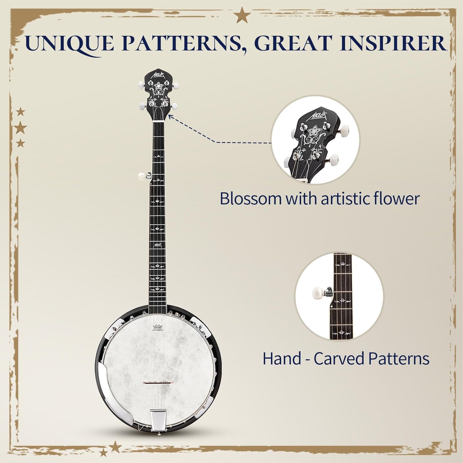 AKLOT Full-Sized Banjo Set: 38'' 5 String Banjo with Remo Head, Removable Resonator, Geared 5th Tuner, 24 Brackets, Deluxe Beginner Kit with Gig Bag, Strings, Strap, Picks, Tuner, Bridge Ruler