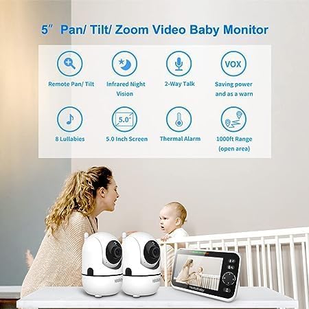 HelloBaby Upgrade 5'' Baby Monitor with 30-Hour Battery, 2 Cameras Pan-Tilt-Zoom, 1000ft Range Video Audio Baby Monitor No WiFi, VOX, Night Vision, 2-Way Talk, 8 Lullabies and Temperature
