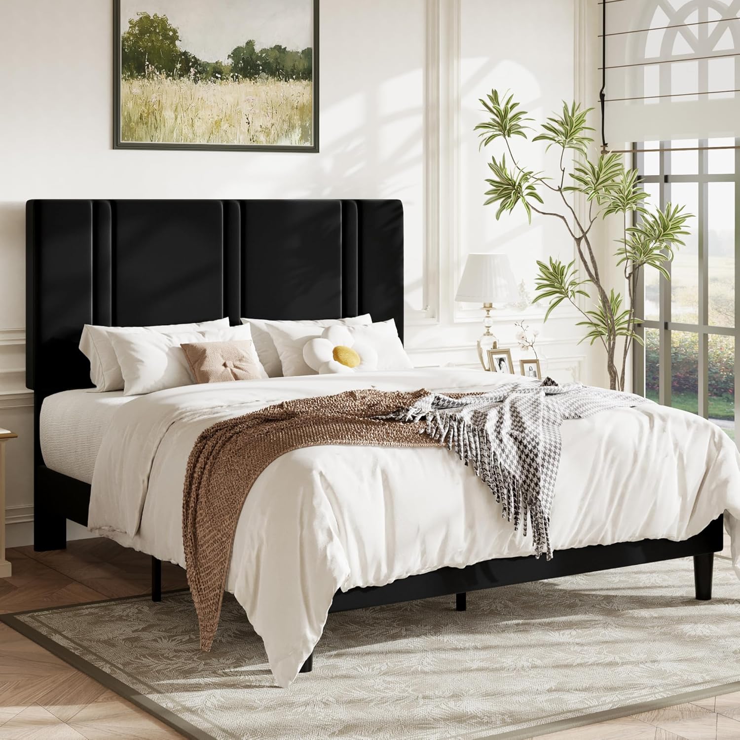 Allewie Queen Platform Bed Frame with Adjustable Headboard, Plush Velvet Upholstered, Vertical Channel Tufted, Sturdy Wooden Slats, No Box Spring Needed, Easy Assembly, Black