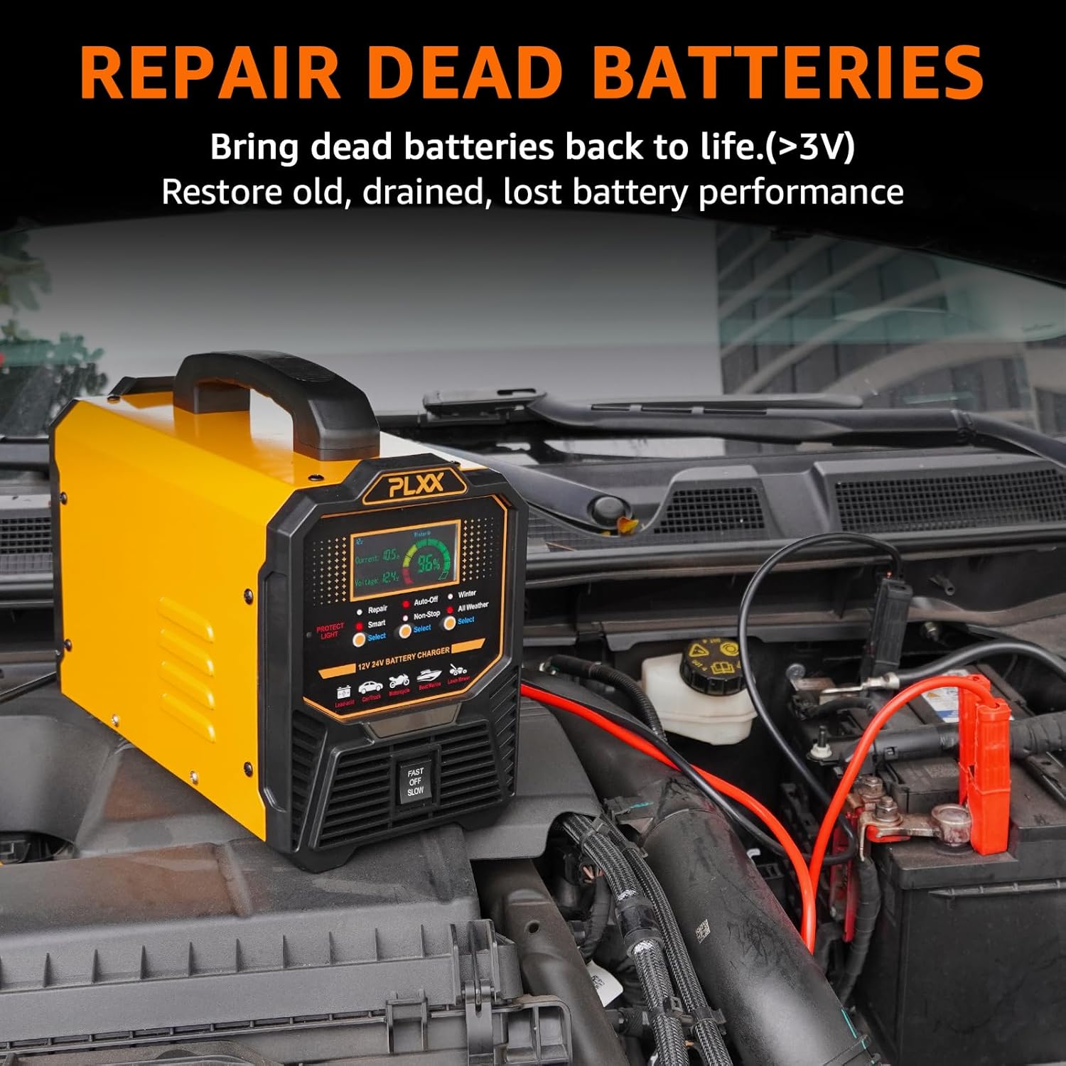 PLXX 12V 24V Car Battery Charger Heavy Duty 0-15A Automatic Smart Trickle Charger with Auto Shutoffs, Repair, Winter Mode, for Automotive Car Truck Motorcycle Lawn Mower Boat Marine AGM