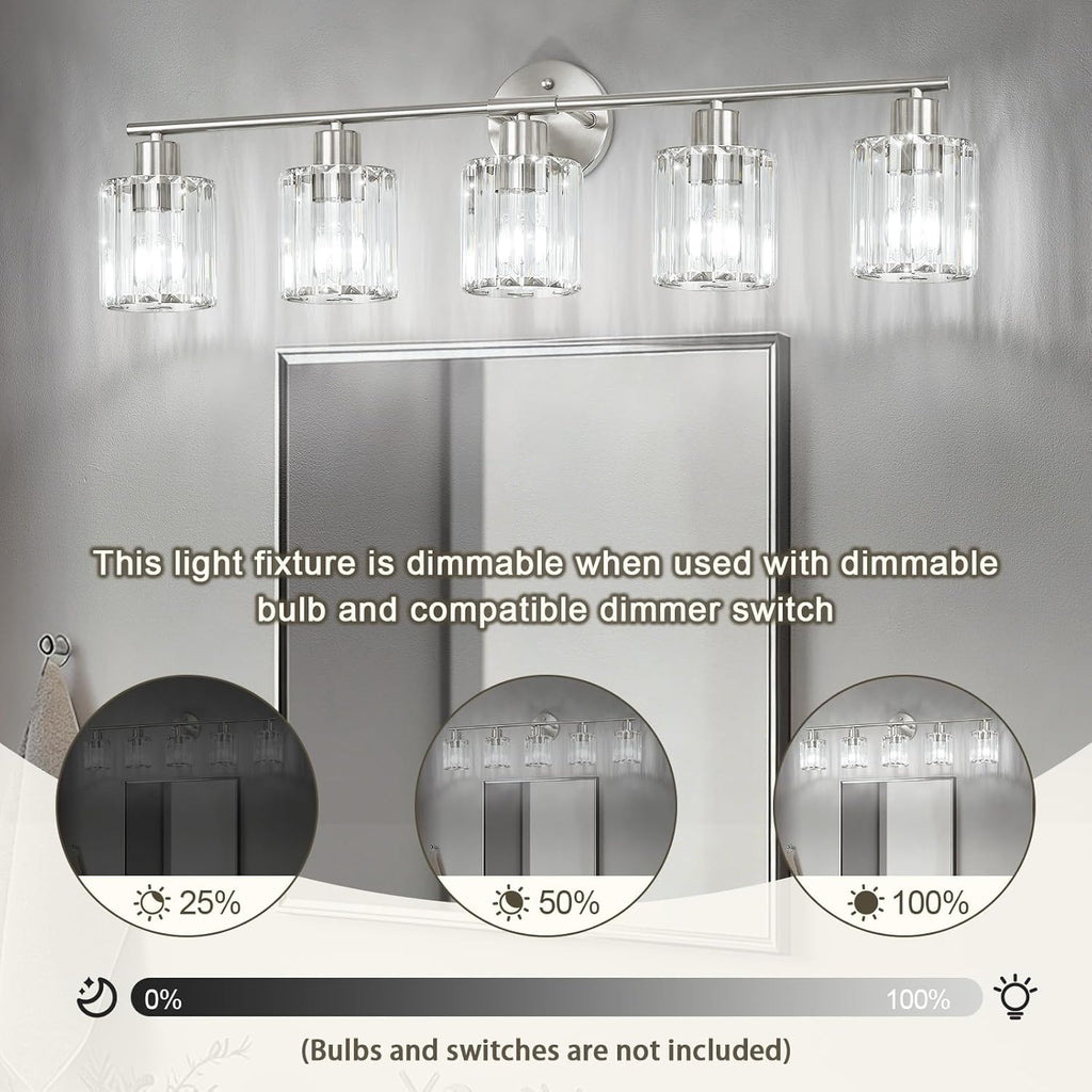 Crystal Bathroom Light Fixtures,Bathroom Lighting Fixtures Over Mirror, Modern 5-Light Brushed Nickel Vanity Lights for Mirror, Restroom,Kitchen(Ceramic E26 Socket,Bulbs Not Include)